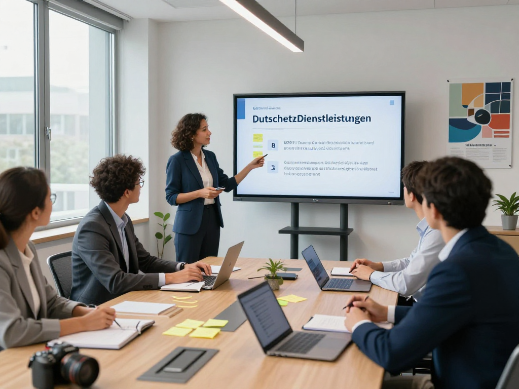 Teamdiskussion über Datenschutz Dienstleistungen in einem modernen Büro.