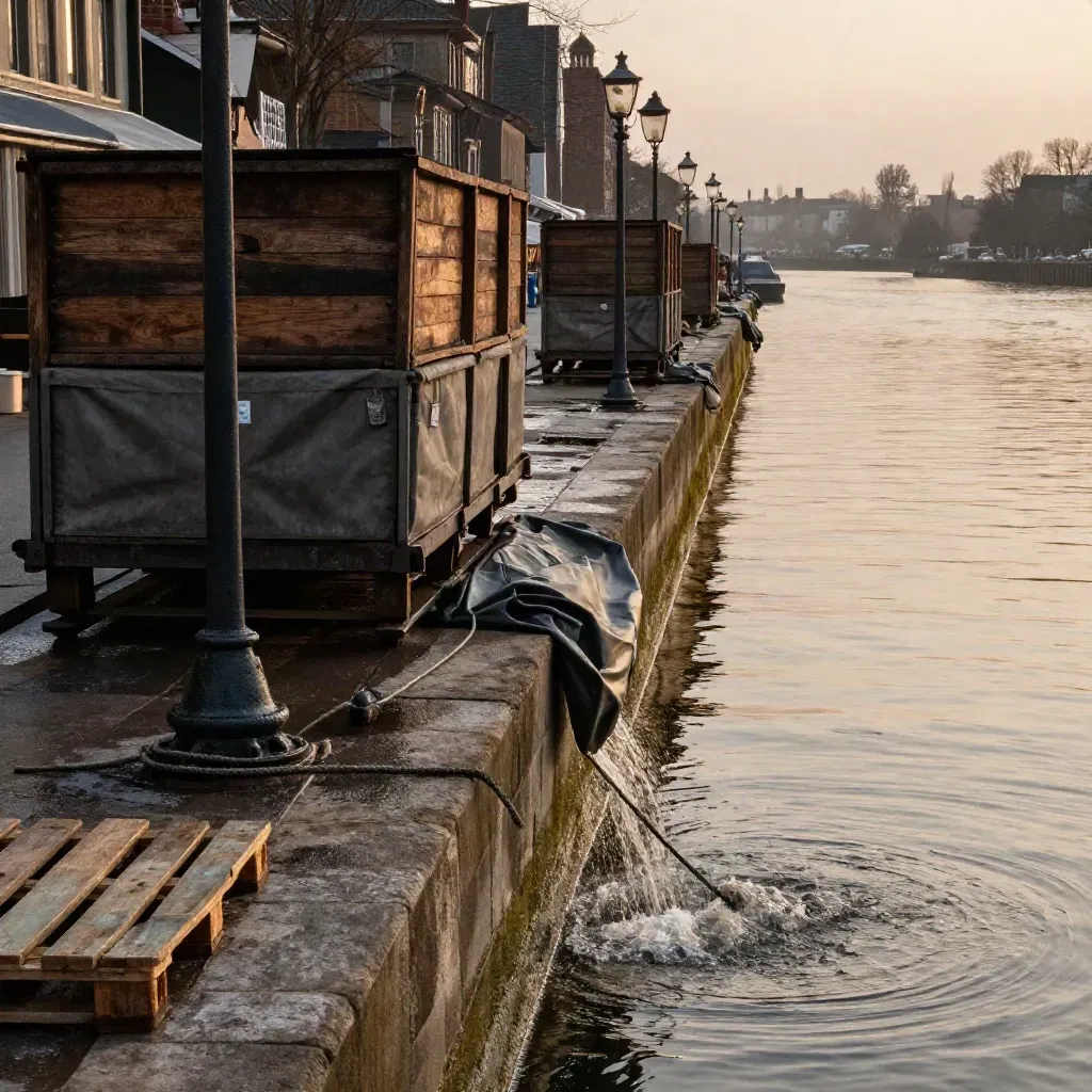 Flusspromenade mit Frachtkisten, Laternen und Wassernebel im warmen Abendlicht