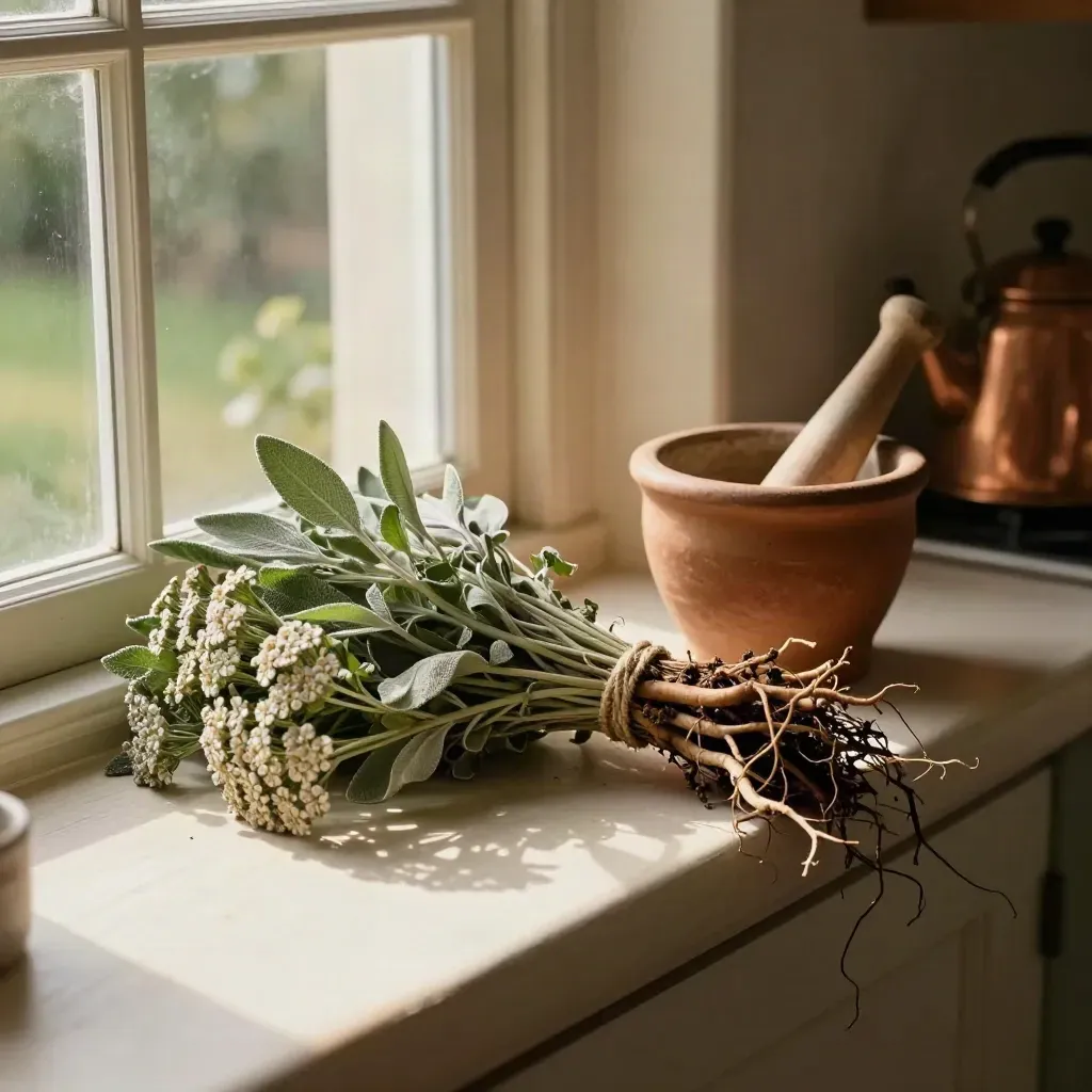 Fensterbank mit getrockneten Kräutern, Tonmörser und warmem Nachmittagslicht.