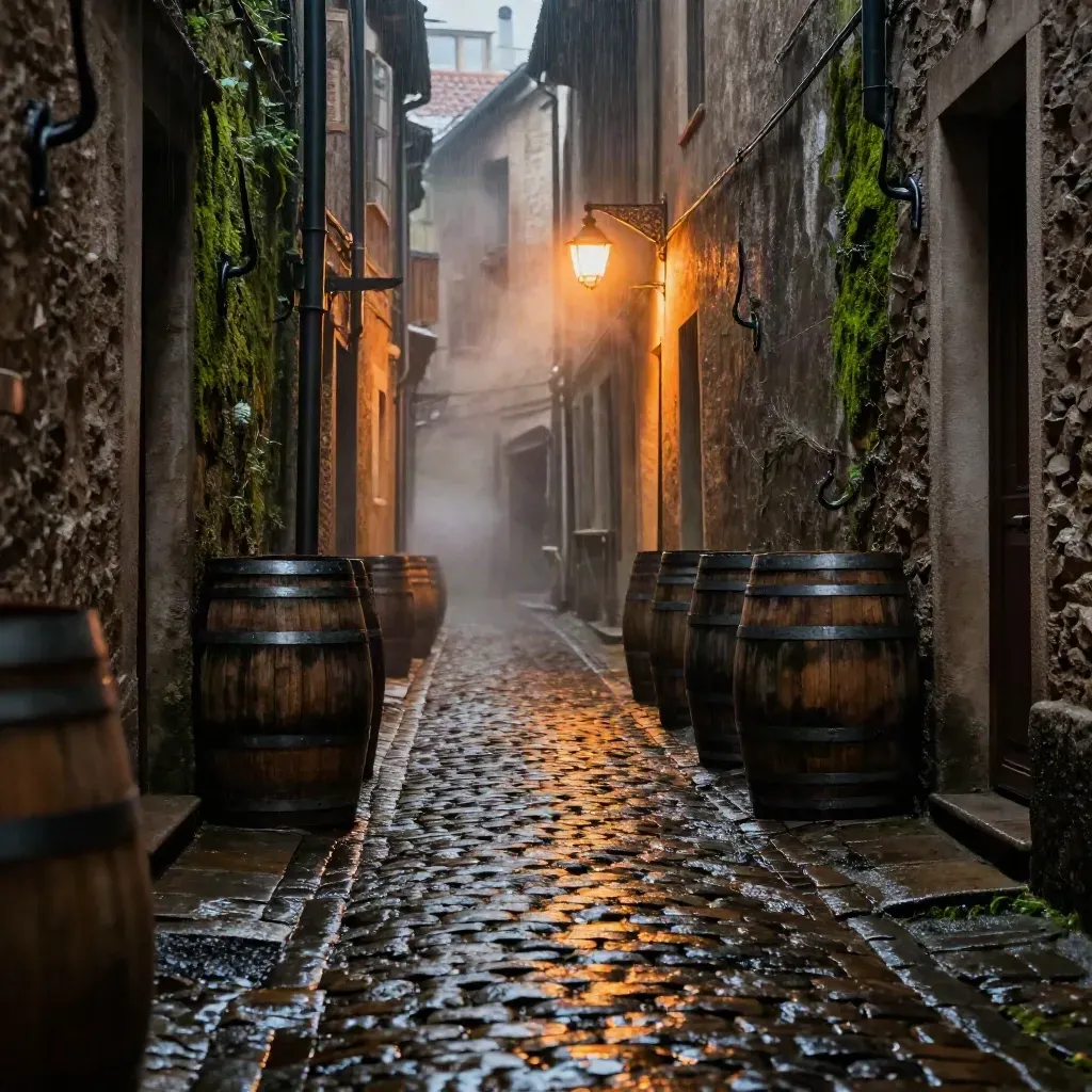 Feuchte enge Pflastergasse mit Fässern, Eisenhaken, Laternenlicht und Dampf im Regennebel